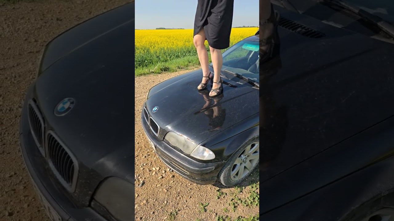 Jumping on car hood in heels 