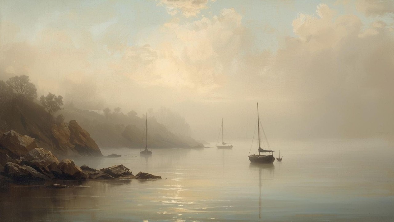 Foggy Seaside Harbor with Sailboats Vintage Painting | Frame TV Art Display | 2-Hour Screensaver