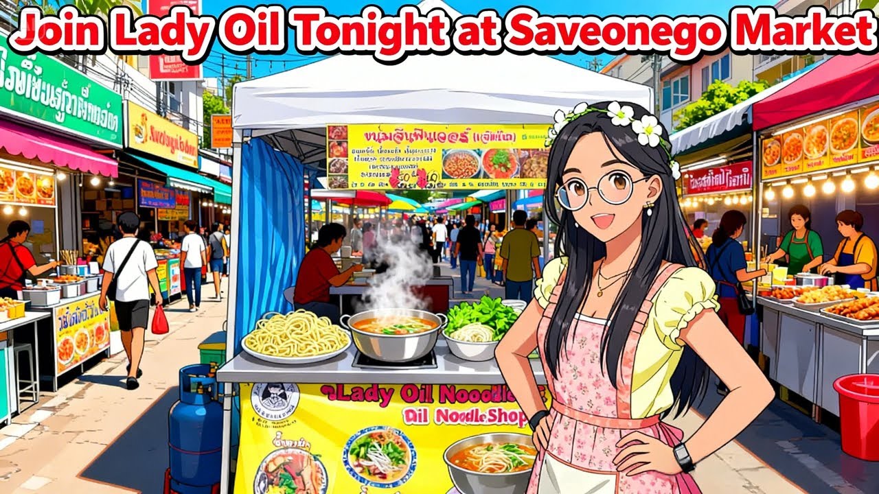 Happy Sunday Night Market wishing Good Sell Lady Oil Noodle Shop in Bangkok