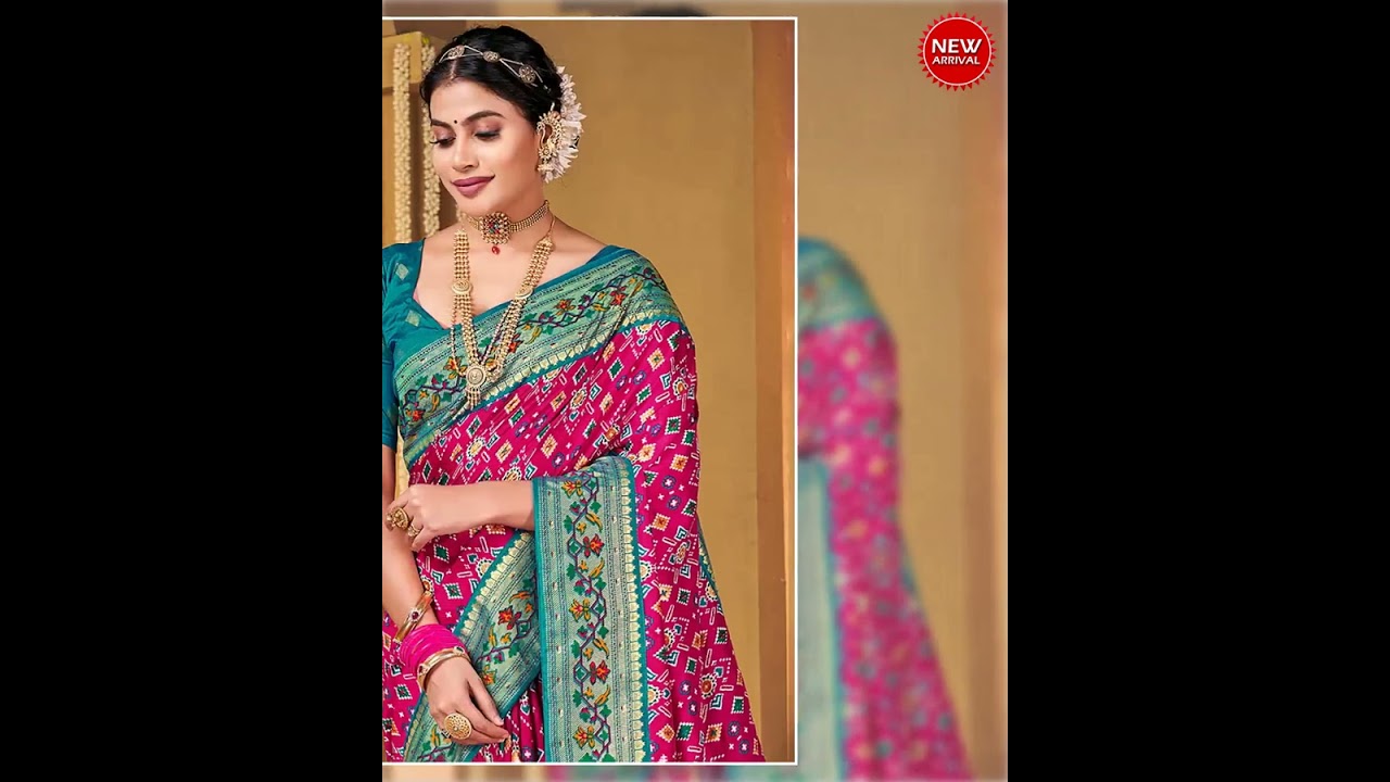 AKHILAM Women's Soft Patola Silk Ikat Print Golden Zari Border Saree With Unstitched Blouse Piece...