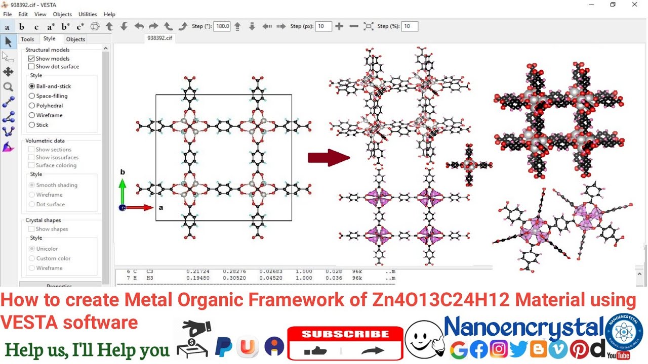 How to create a Metal Organic Framework of Zn4O13C24H12 Material using VESTA software