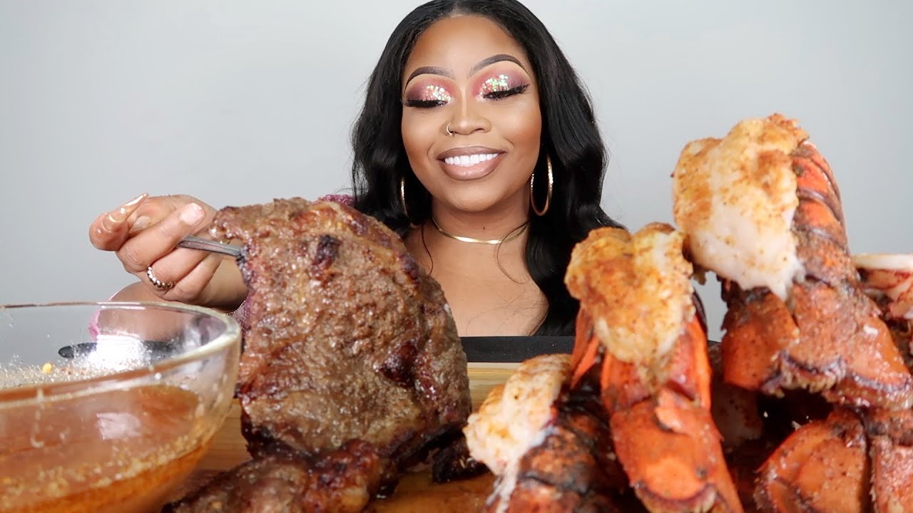 SURF & TURF SEAFOOD BOIL MUKBANG 먹방 !!! GIANT LOBSTER TAILS + 22oz STEAK!!