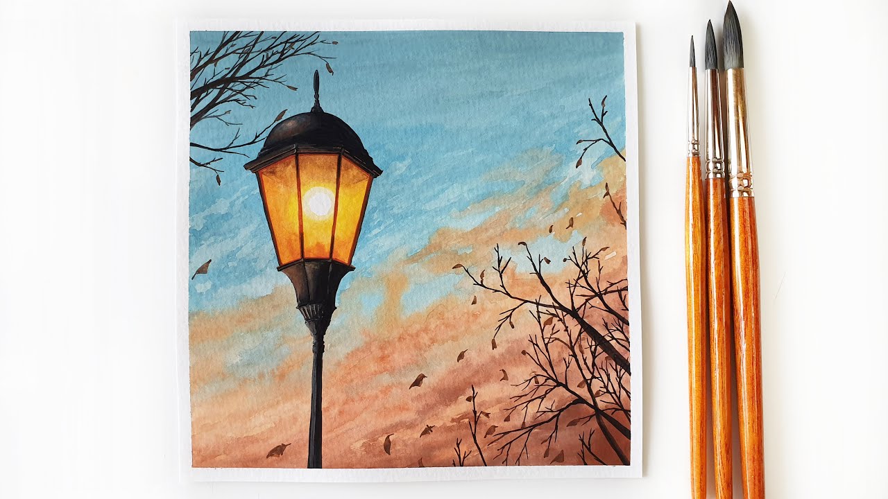Street Lamp at Sunset Painting with Poster Color