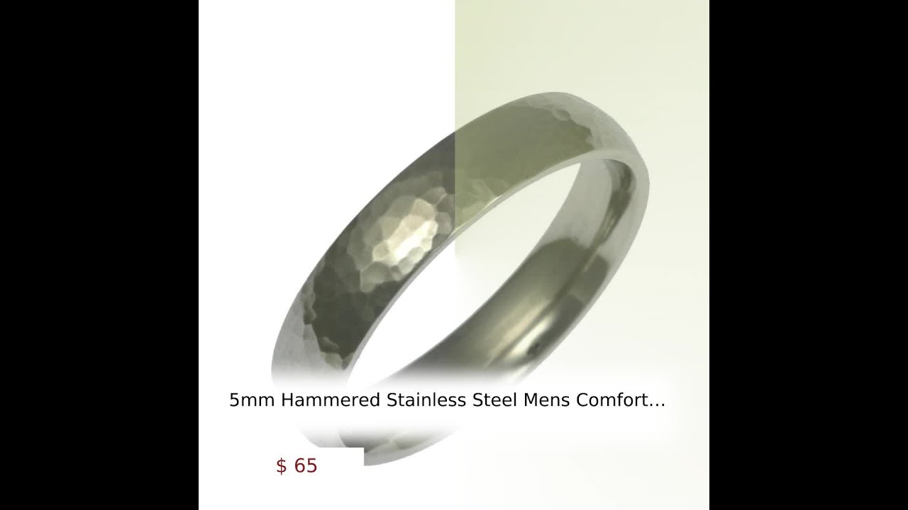 5mm Hammered Stainless Steel Mens Comfort Fit Wedding Band Ring, Mens Hammered Wedding Rings, Sta...