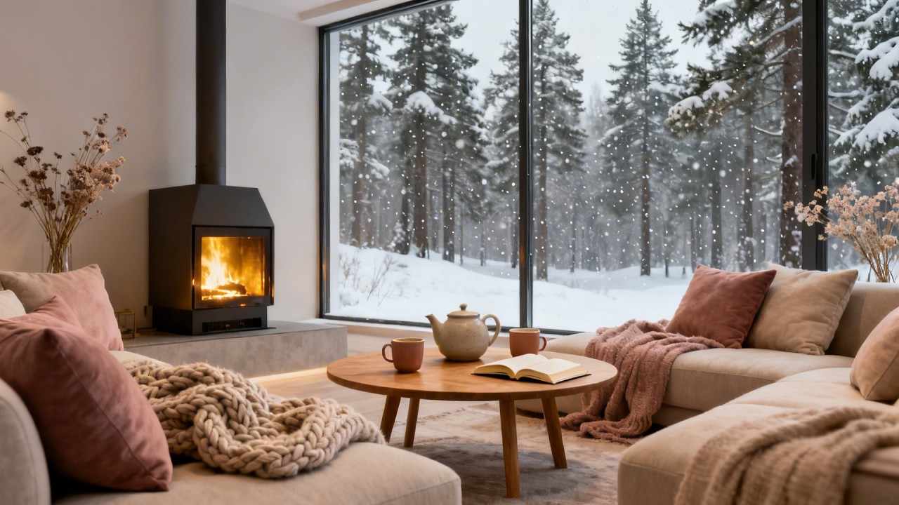 Snowy On Window & Fireplace Crackles in Cozy Living Room Ambience ❄️Gentle Piano for Calm and Relax
