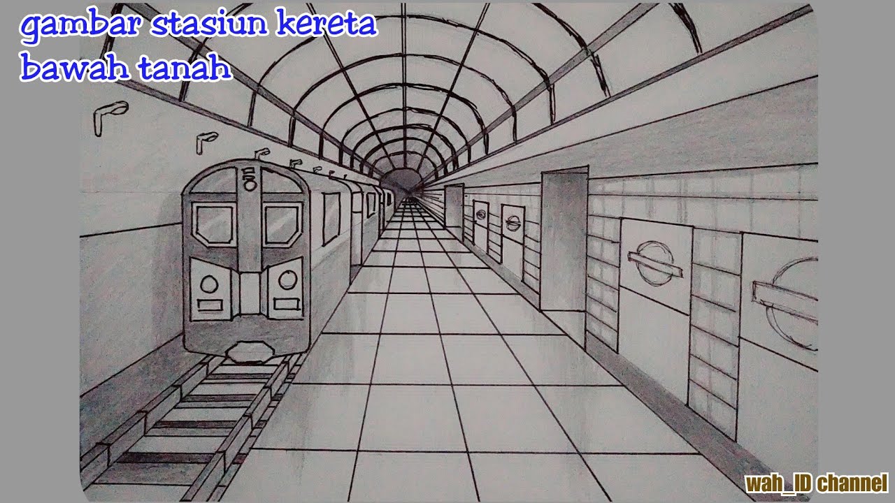 menggambar stasiun kereta api bawah tanah || perspektif 1 titik hilang || 