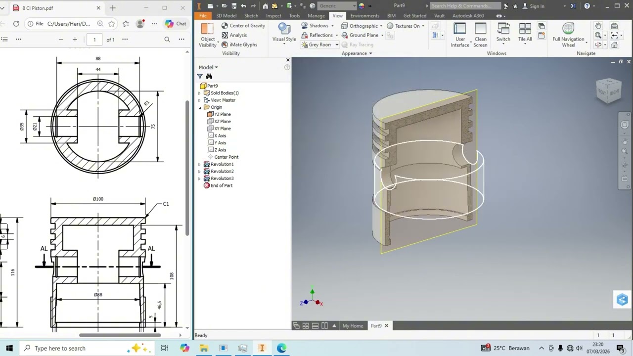 Menggambar 3D CI Piston | Draw 3D Model CI Piston