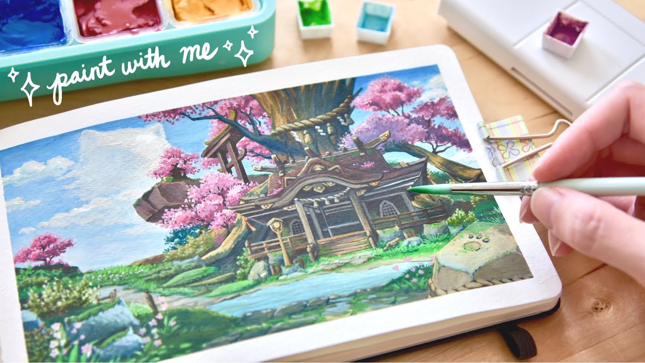 🌸 Painting Genshin landscape: Sakura trees and cat shrine in Inazuma | relaxing gouache