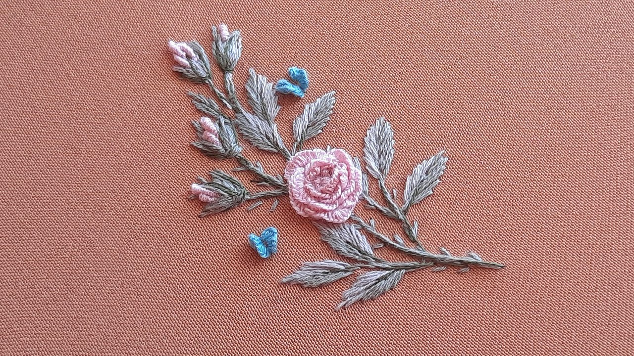 BEST Embroidery Rose & blue butterflies Floral Embroidery