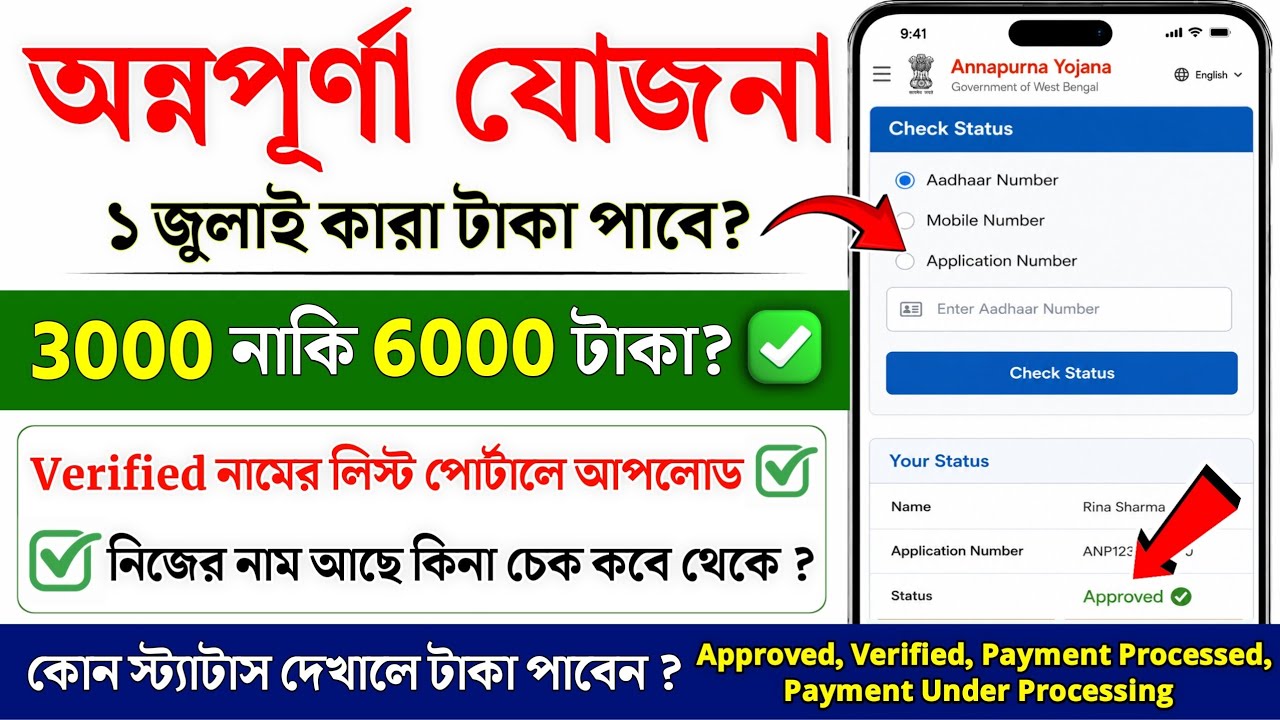 💰১ জুলাই কারা পাবেন টাকা? Annapurna Yojana Status Check Approved, Verified, Payment Processed
