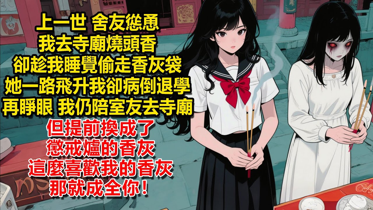 上一世，舍友慫恿我去寺廟燒頭香，卻趁我睡覺偷走香灰袋，她一路飛升我卻病倒退學。再睜眼，我仍陪室友去寺廟，但提前換成了懲戒爐的香灰。這麼喜歡我的香灰，那就成全你！