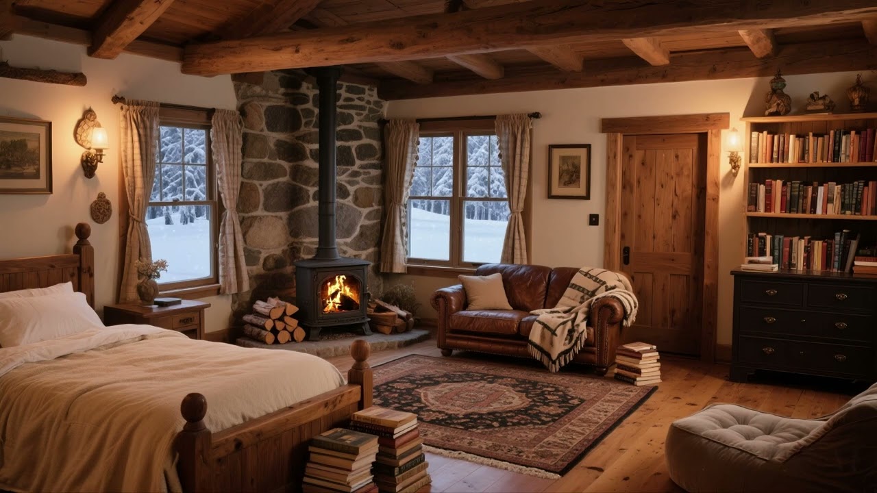 Winter Cabin Serenity: Fireplace Crackling & Howling Blizzard for Stress Relief & Sleep