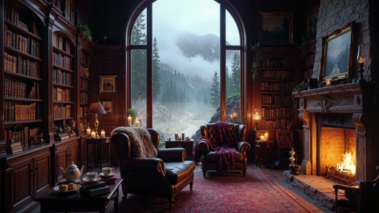 Cozy Library Ambience – Scottish Fireplace, Rainy Forest Valley & Soft Celtic Music for Relaxation