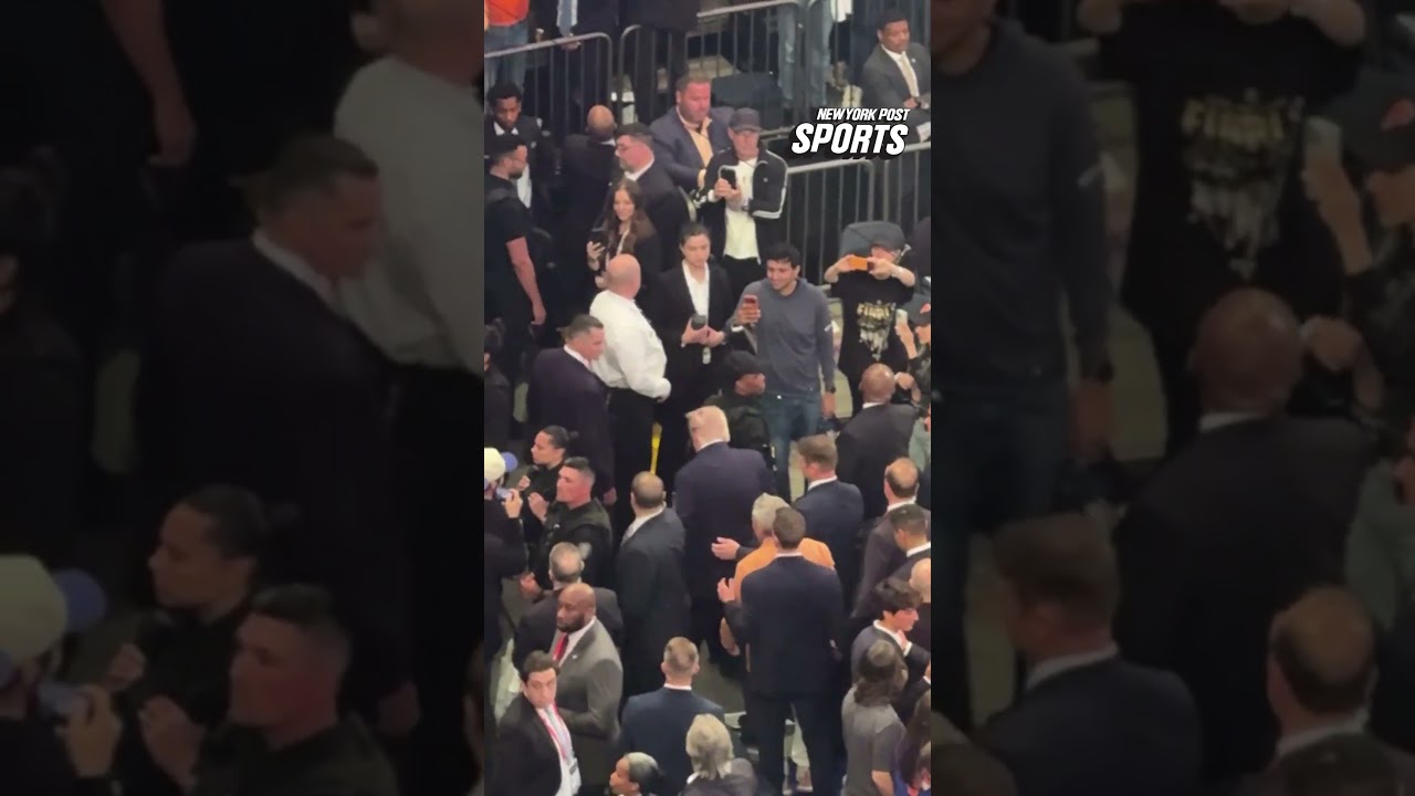 President Trump was on the court during halftime with Knicks owner James Dolan waving to the crowd