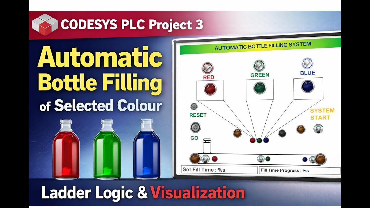 CODESYS PLC Project-3 | Automatic Bottle Filling of Selected Colour | Ladder Logic & Visualization