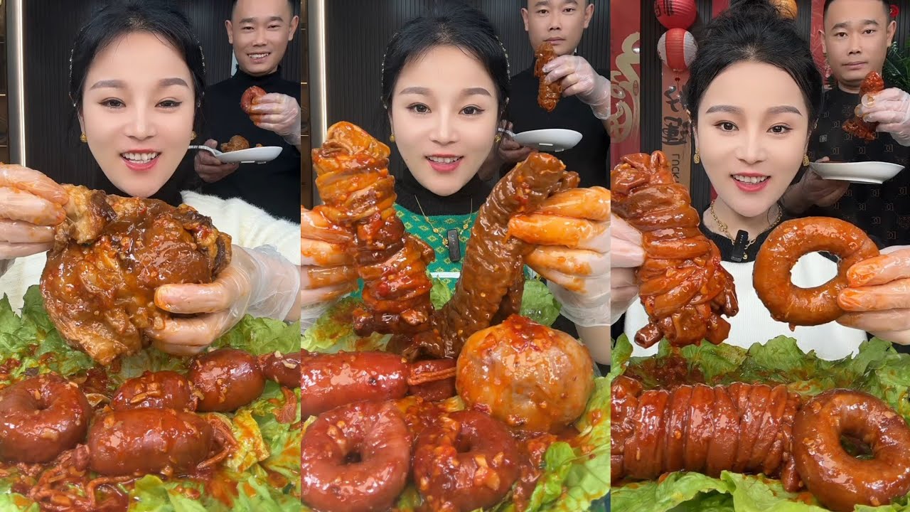 Mukbang Challenge:Eat braised pork belly boil sausage 🌭 roll 🥐 intestine 