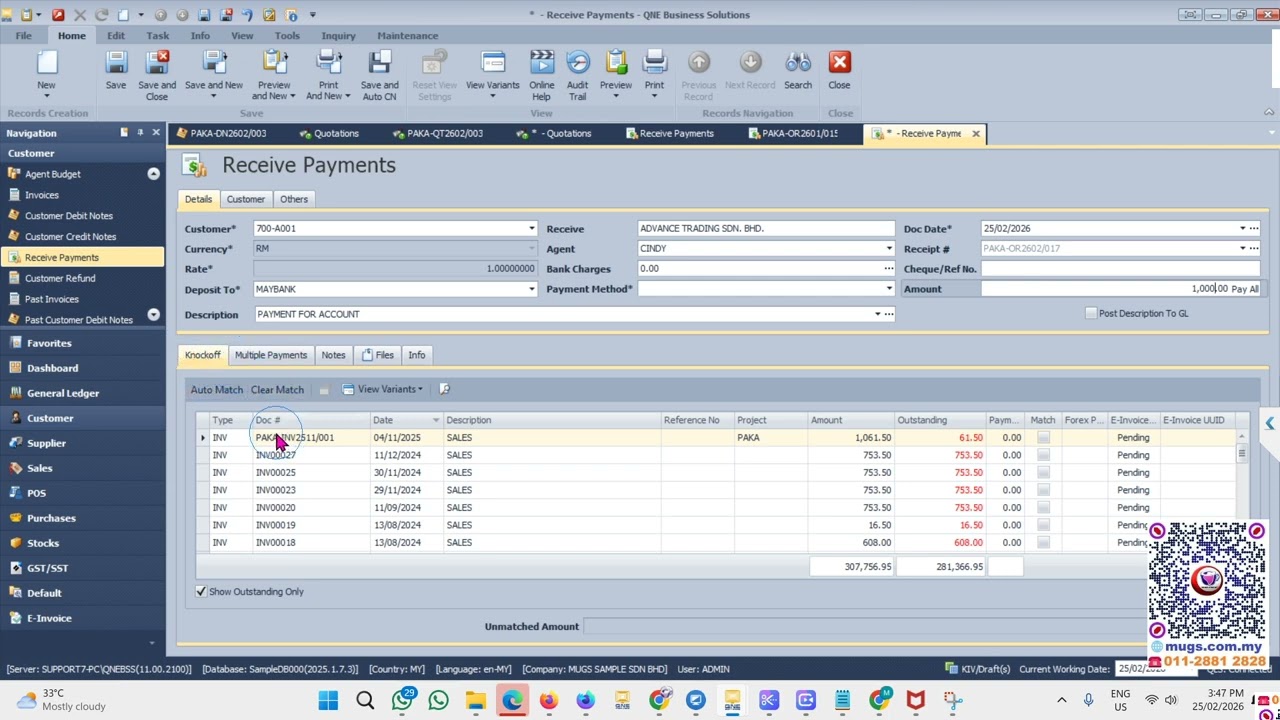 How to issue Receive payment and matching with Sales Invoice in QnE Optimum