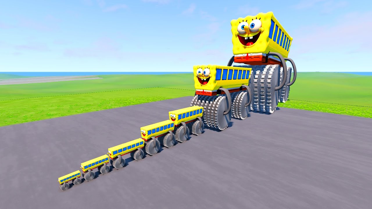 Big & Small Bus SpongeBob Double Monster Saw Wheels vs Trains | BeamNG.drive