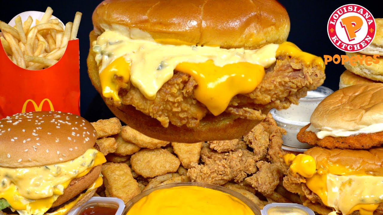 ASMR MUKBANG EXTRA MCDONALDS BIG MAC POPEYES CHICKEN & FRIES | WITH CHEESE & ONION RINGS