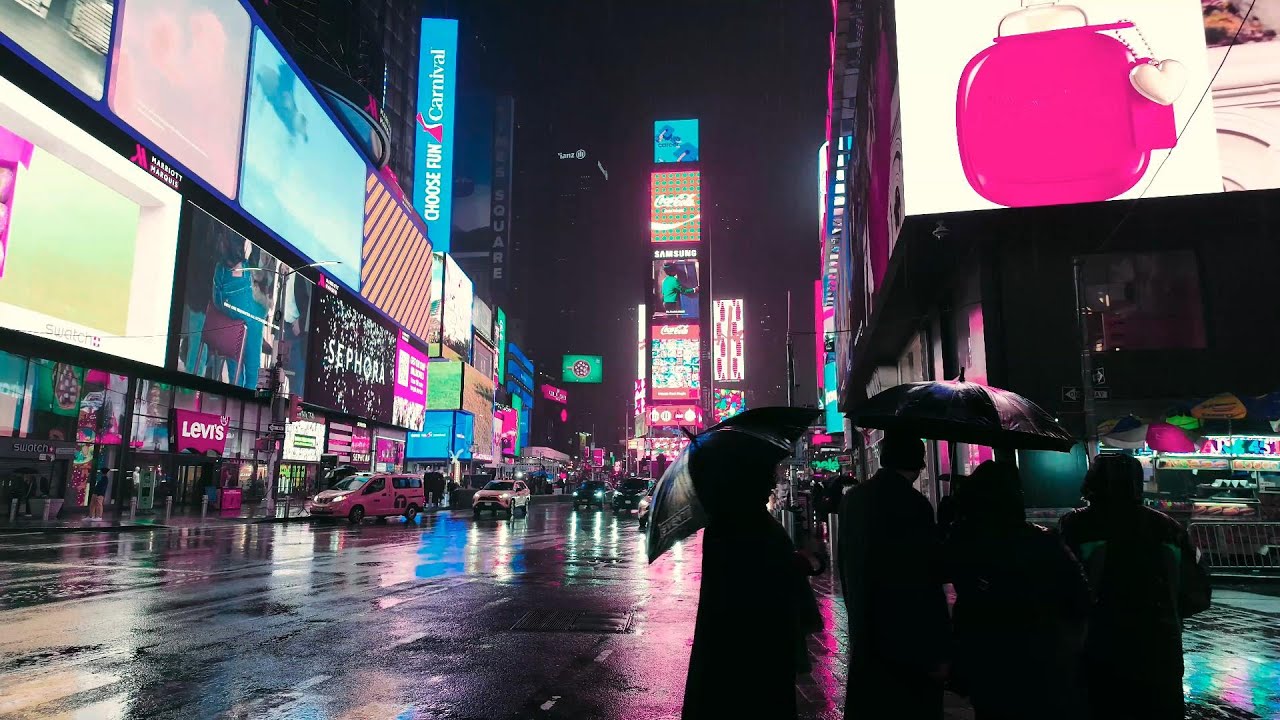 NYC Cyberpunk Midnight Rain Walk | 5th Avenue, 42nd Street, Times Square, Rockefeller Center