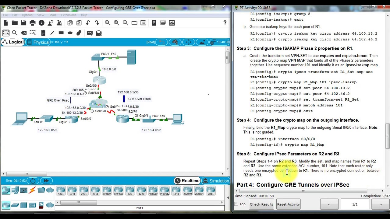 7.3.2.8 Packet Tracer - Configuring GRE Over IPsec