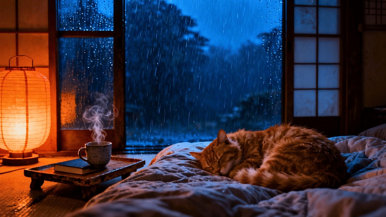 Rainy Night in Japan With Cute Neko, Heavy Rain & Piano Music for Deep Sleep & Healing