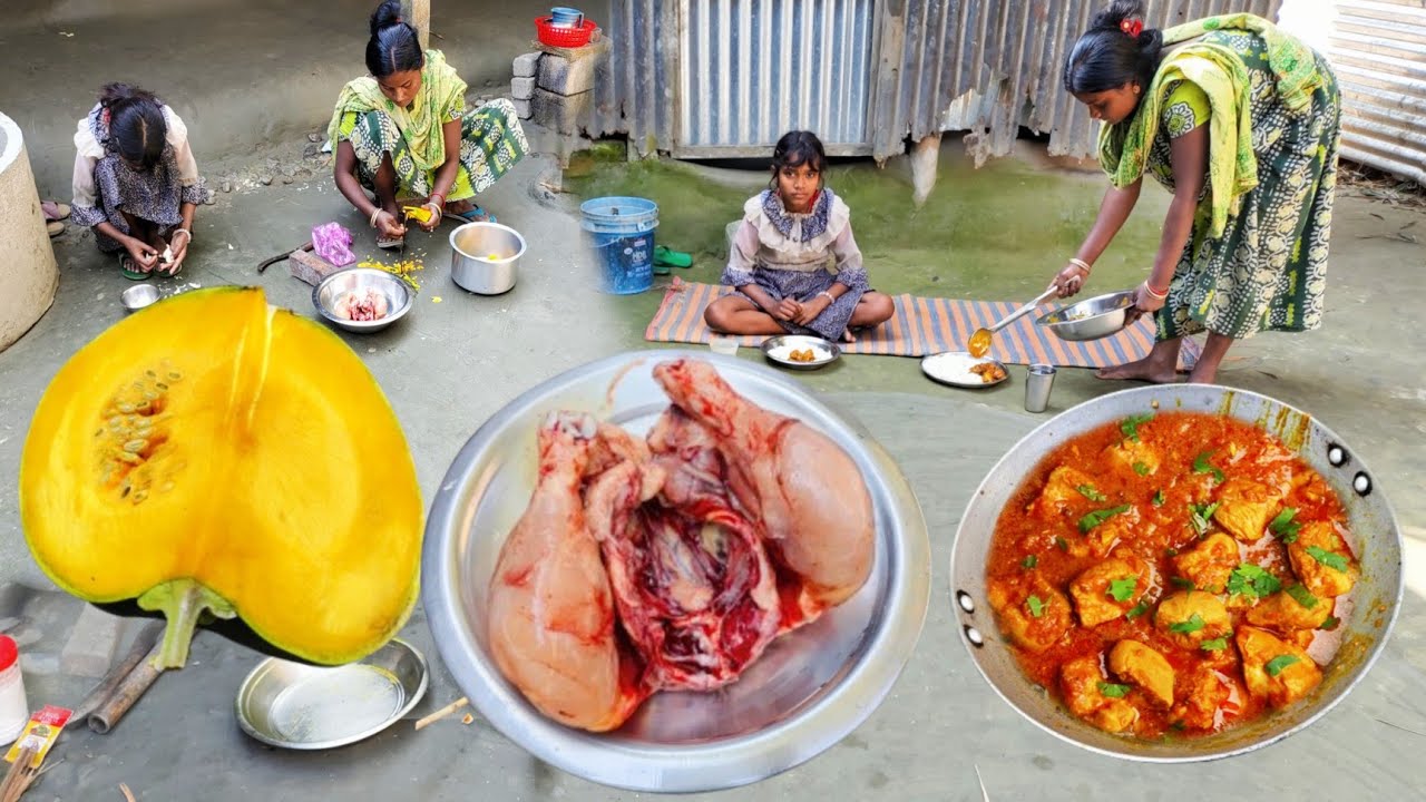 Different style CHICKEN cooking with fresh SWEET PUMPKIN recipe by Santali Tribe MOTHER 