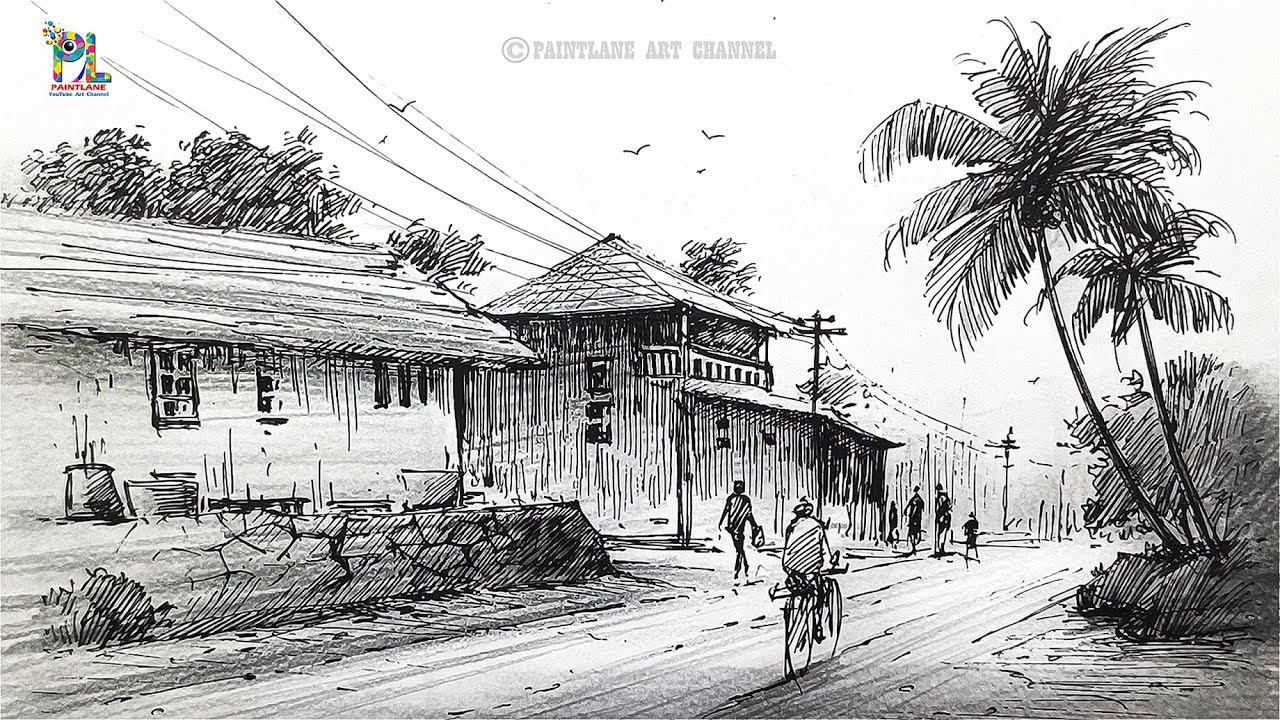 How to draw Beautiful Village Street Scenery Sketch | Pen Drawing | Village Street Landscape Art
