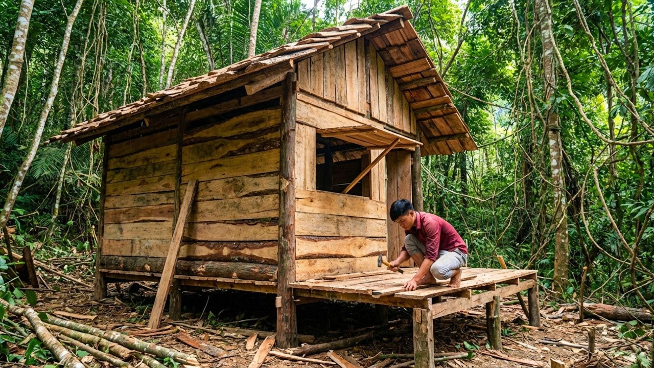 Building a Wooden House in the Forest as a Shelter After Many Years of Planning