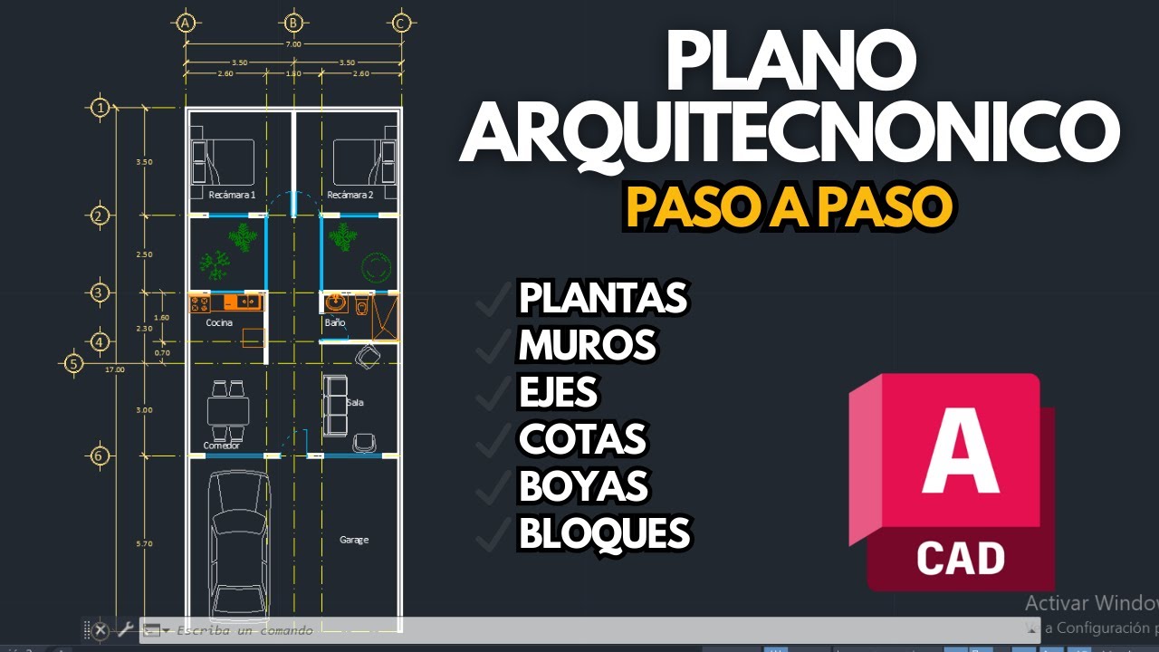 PLANO ARQUITECTONICO EN AUTOCAD | PLANTA, MUROS, COTAS, BOYAS, BLOQUES Y EJES.