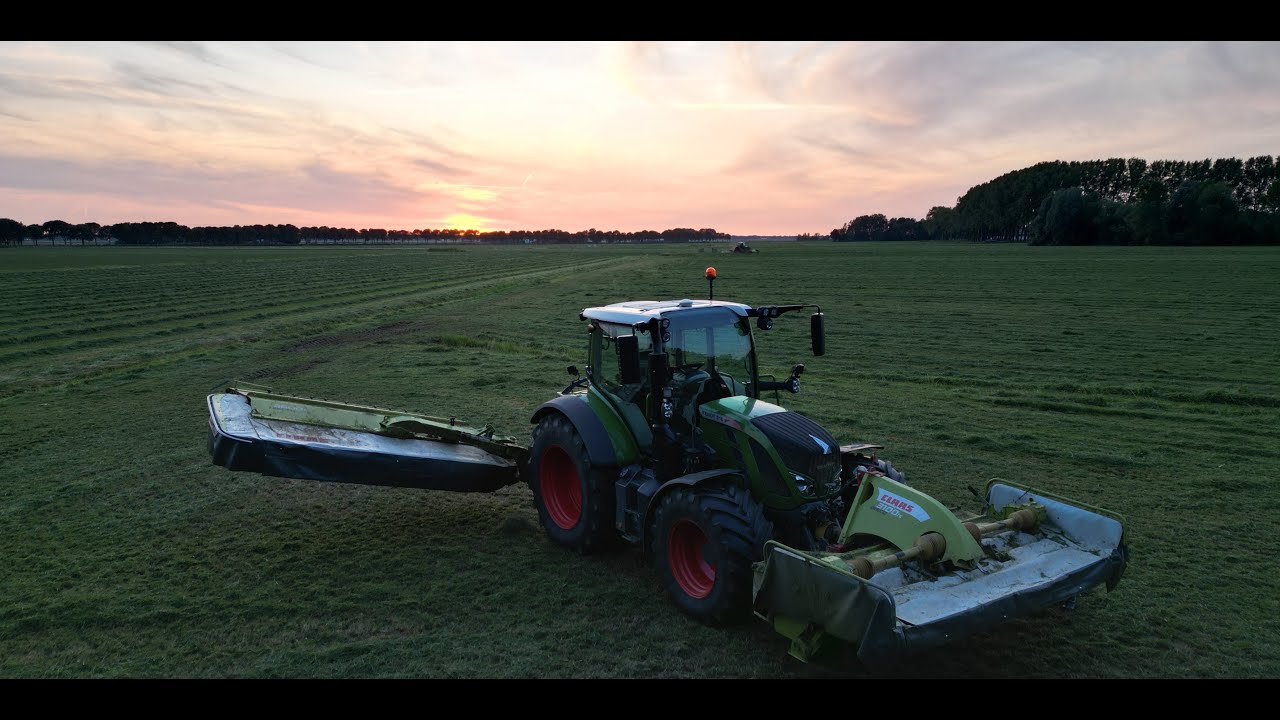 2x Fendt 516 maaien in prachtige zonsondergang met Claas 3600C disco & 3100fc en Krone easycut