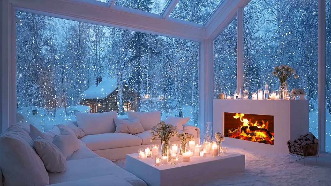 Cozy Warm Room with Fireplace & Snowfall | Relaxing Piano Music for Sleep & Relaxation