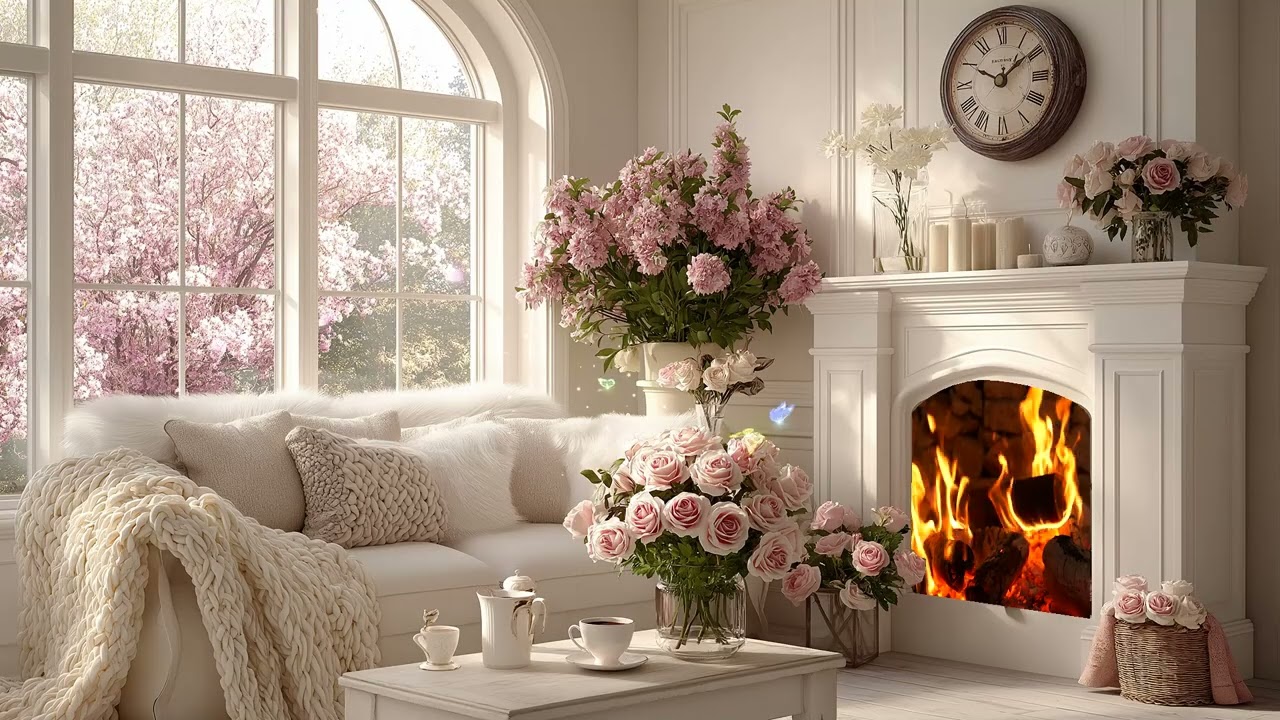 🤍 Peaceful Piano Day | White Lounge Spring Flowers & Firelight 3 Hours | Calm Focus Study Relax