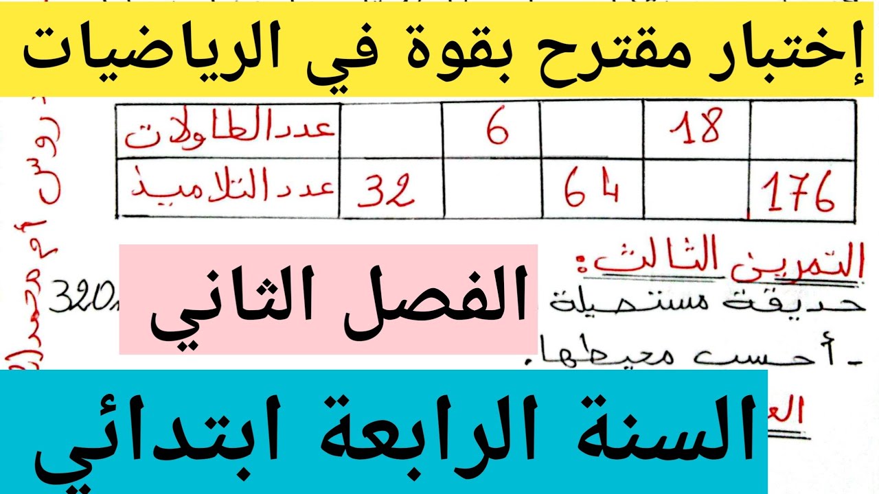 إختبار متوقع بقوة في الرياضيات الفصل الثاني السنة الرابعة ابتدائي 💗 مواضيع ودروس أم محمد 2 💗