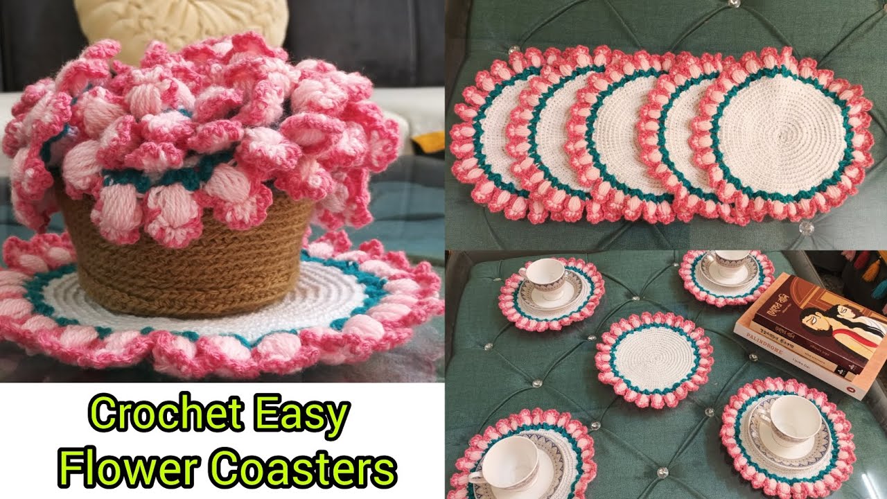 How to make quick and easy crochet flower Coasters tutorial #handmade Crochet home decor idea 