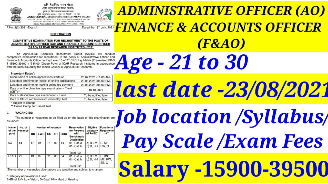DMINISTRATIVE OFFICER (AO) AND FINANCE & ACCOUNTS OFFICER  (F&AO)  pay scale - 15900-39500