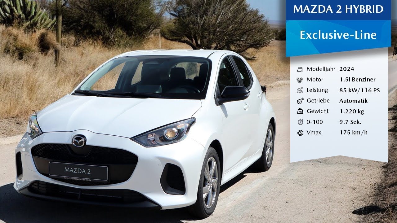 2024 Mazda2 Hybrid Exclusive-Line 116 PS | Northern White Pearl 48D | 360° Ansicht + Innenraum (4K)