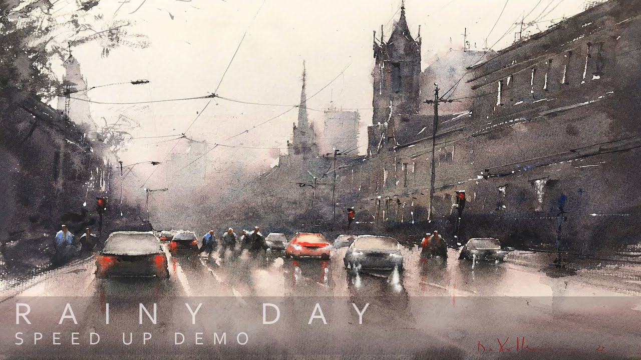Watercolor Atmospheric Painting Rainy Day Street By Nina Volk Cityscape Wet into Wet Loose