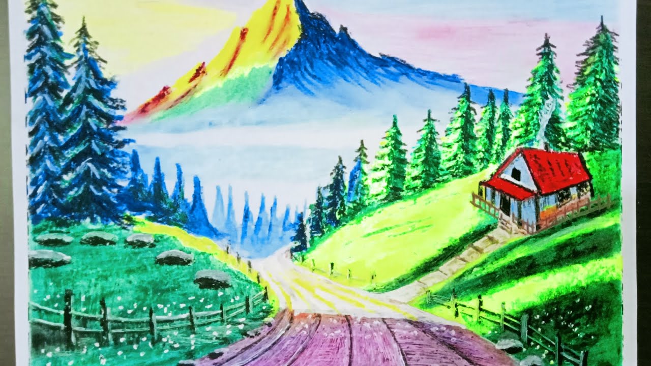 Mountain road view Painting/Oil Pastel colors Drawing| By Abid Hussain #painting #sketch #art 