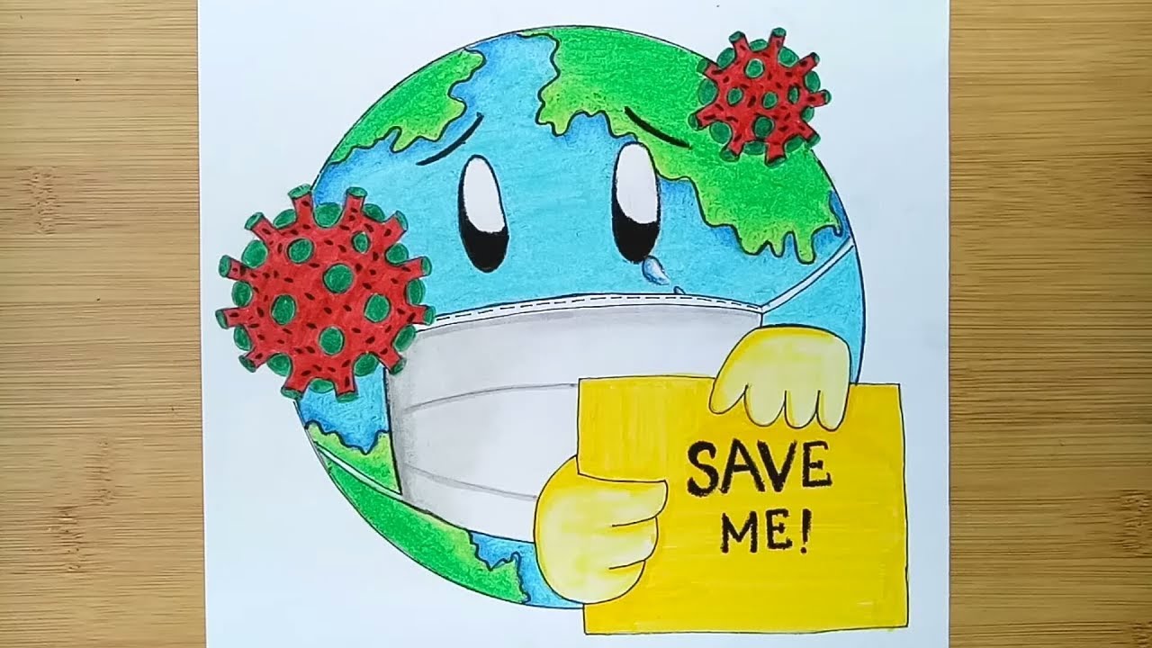 How to draw save earth from Coronavirus / Awareness Safety Poster.