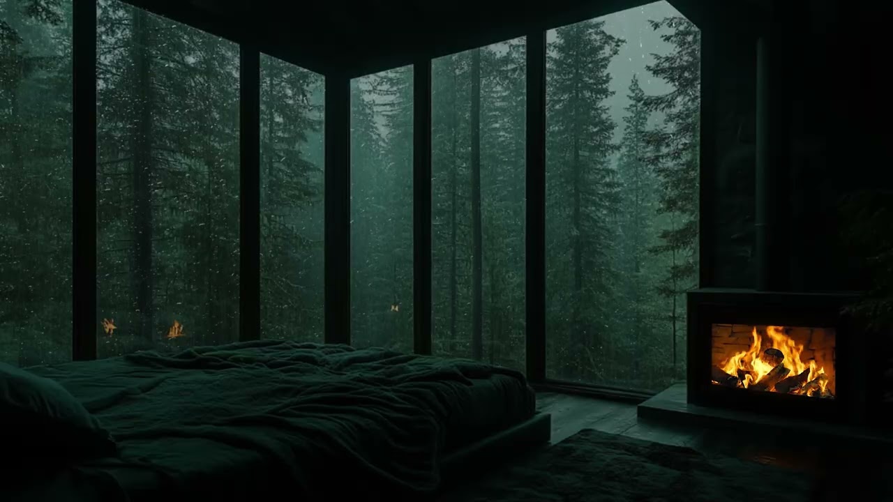 Gentle Night Rain Over Misty Pine Forest | Cozy Modern Fireplace Glow | Calm Atmosphere for Rest