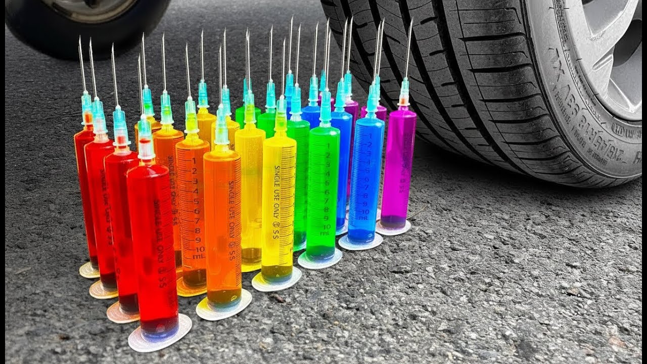 Crushing Experiments! Car vs Rainbow Syringes & Soft Things Coca-Cola Fanta ASMR
