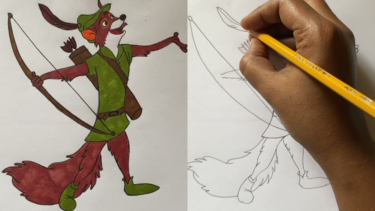 Draw Robinhood the cartoon Fox from Disney Robinhood movie .