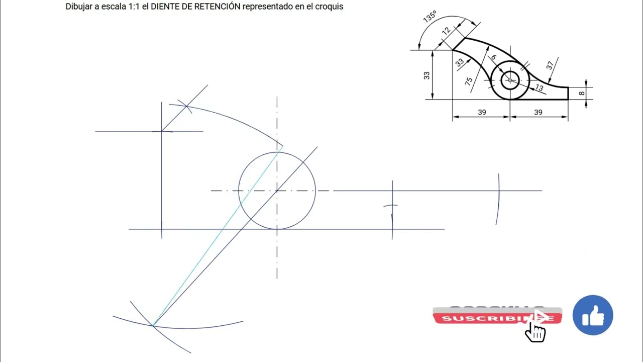 Como dibujar enlace tangencial pieza técnica sencilla. Diente de retención.