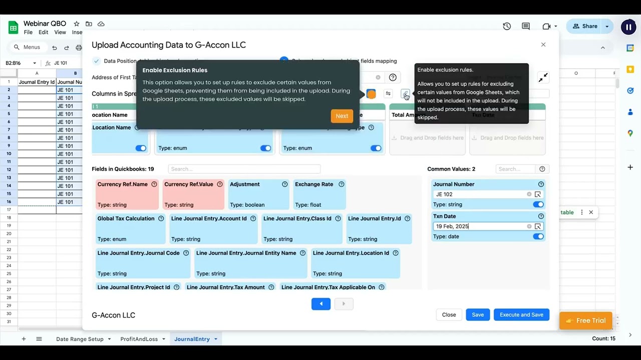 Import QBO Data (Invoices, Journals, Payments, etc) from Google Sheets using G-Accon