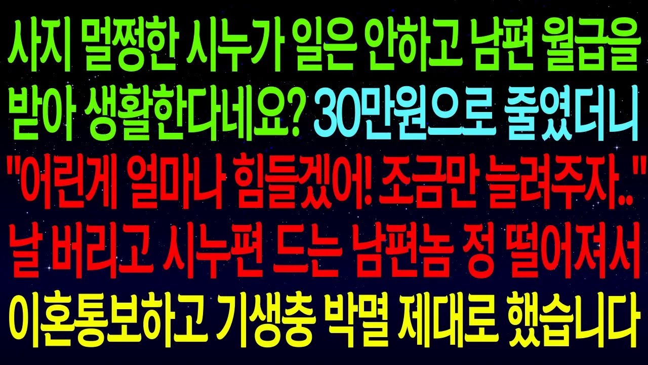 사지 멀쩡한 시누가 일은 안하고 남편 월급을 받아 생활한다네요? 30만원으로 줄였더니 