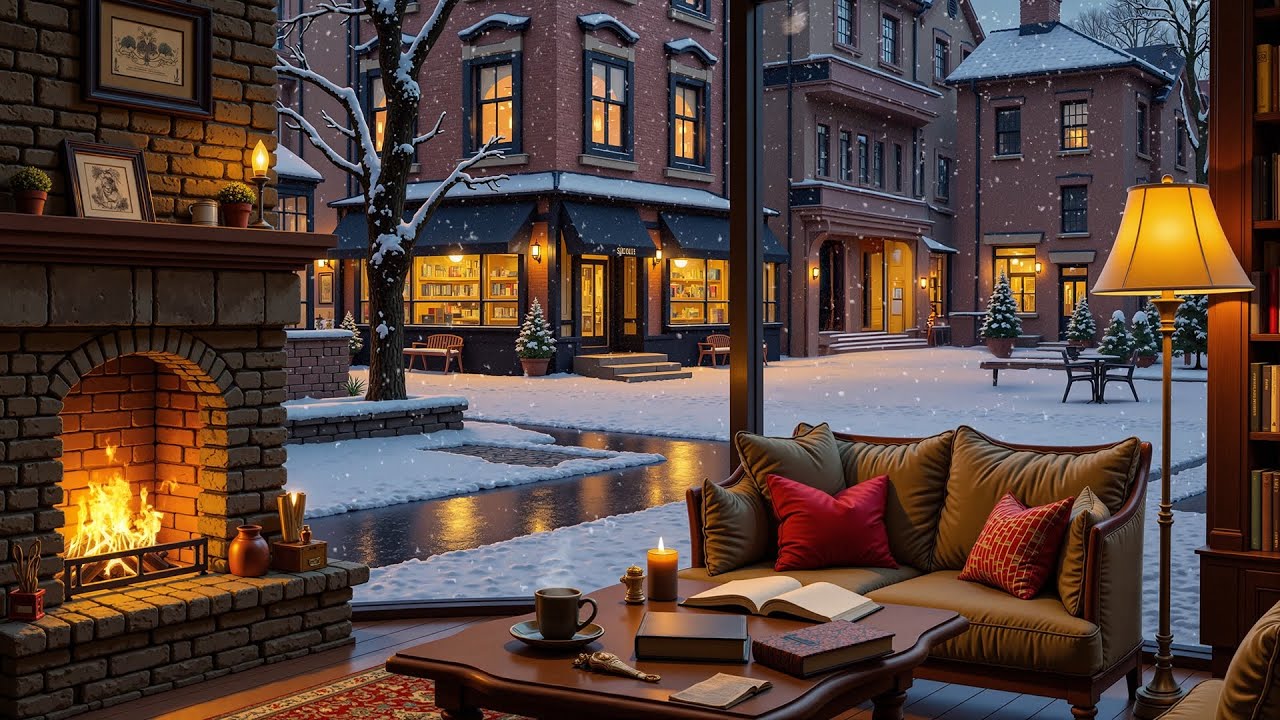 Winter Reading by the Fireplace | Cozy Jazz in a Snowy European Bookstore Street
