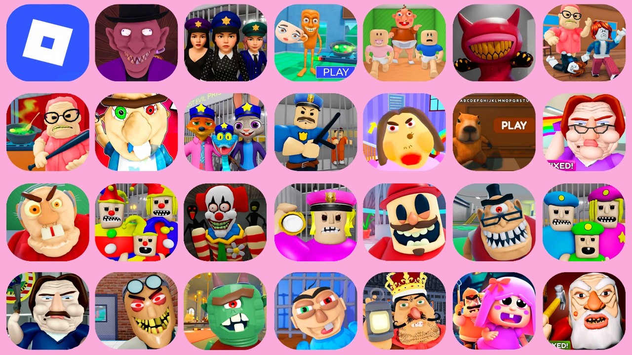 ROBLOX,EVIL GRANDPA,BABY BOBBY'S DAYCARE,PROTOTYPE PRISON,BRUNO'S FAMILY,BARRY'S PRISON,SQUID GAME 3