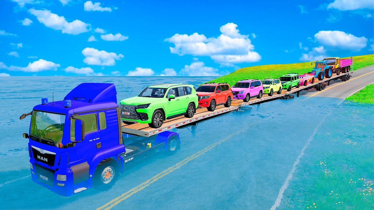 Triple Flatbed Trailer McQueen Transportation with Truck - Speedbumps vs Cars vs Train - BeamNG #003