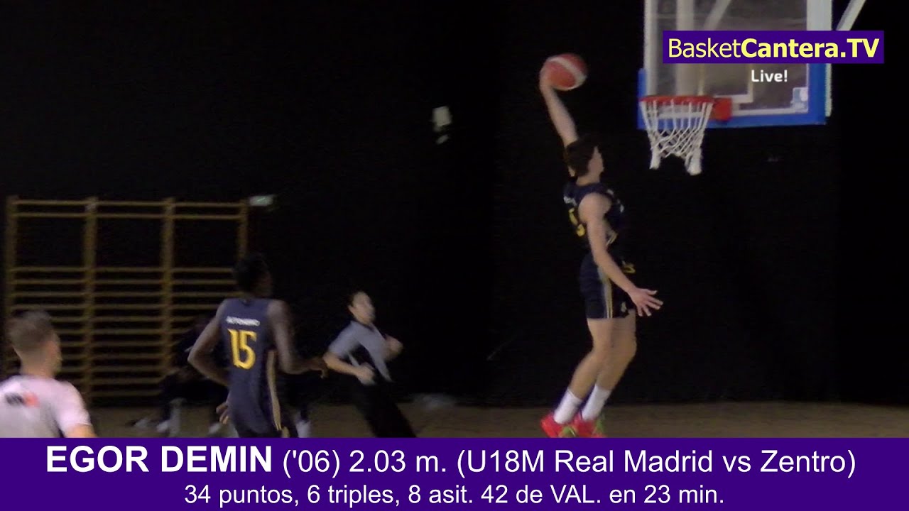 EGOR DEMIN ('06) 2.03m (U18M RealMadrid-Zentro): 34 puntos, 6 triples, 8 asit. 42 de VAL. en 23 min.